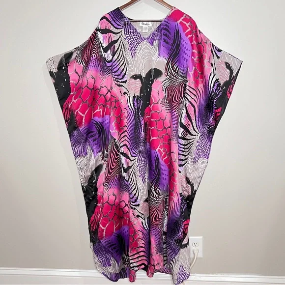 Winlar Purple Pink Animal Print V-Neck Kaftan Muu Muu Maxi Dress Womens One Size - Picture 2 of 13